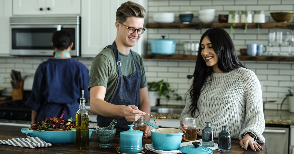 Small kitchen setup with single-serving appliances and fresh ingredients